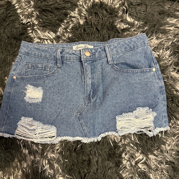Fashion Nova Rhinestone Denim Mini Skirt (Runs Small) - Picture 3 of 5